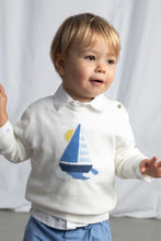 Load image into Gallery viewer, Child wearing a white sweater with a sailboat design on a plain background