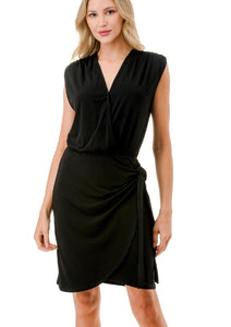 sleeveless solid faux wrap dress
