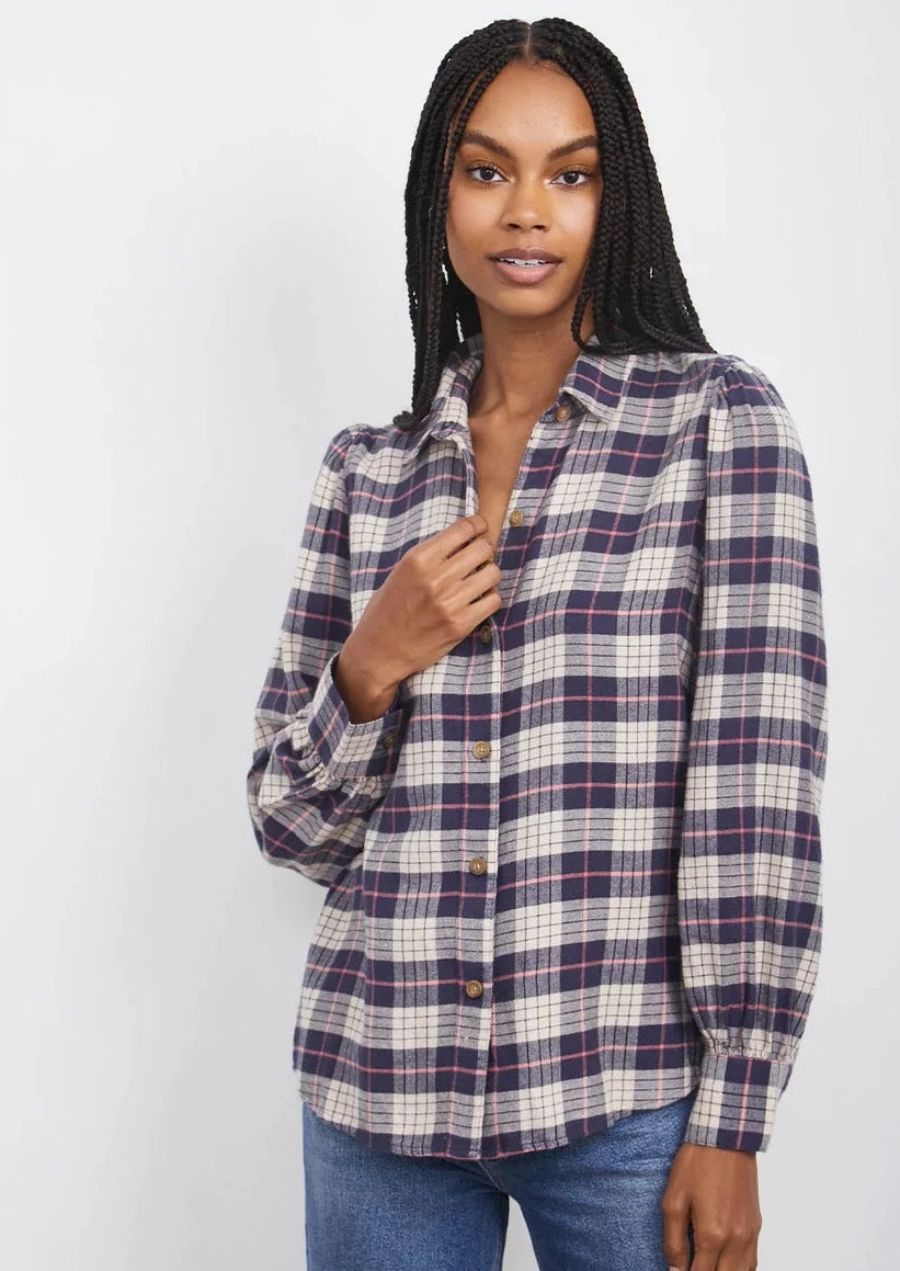 Puff sleeve plaid shirt store