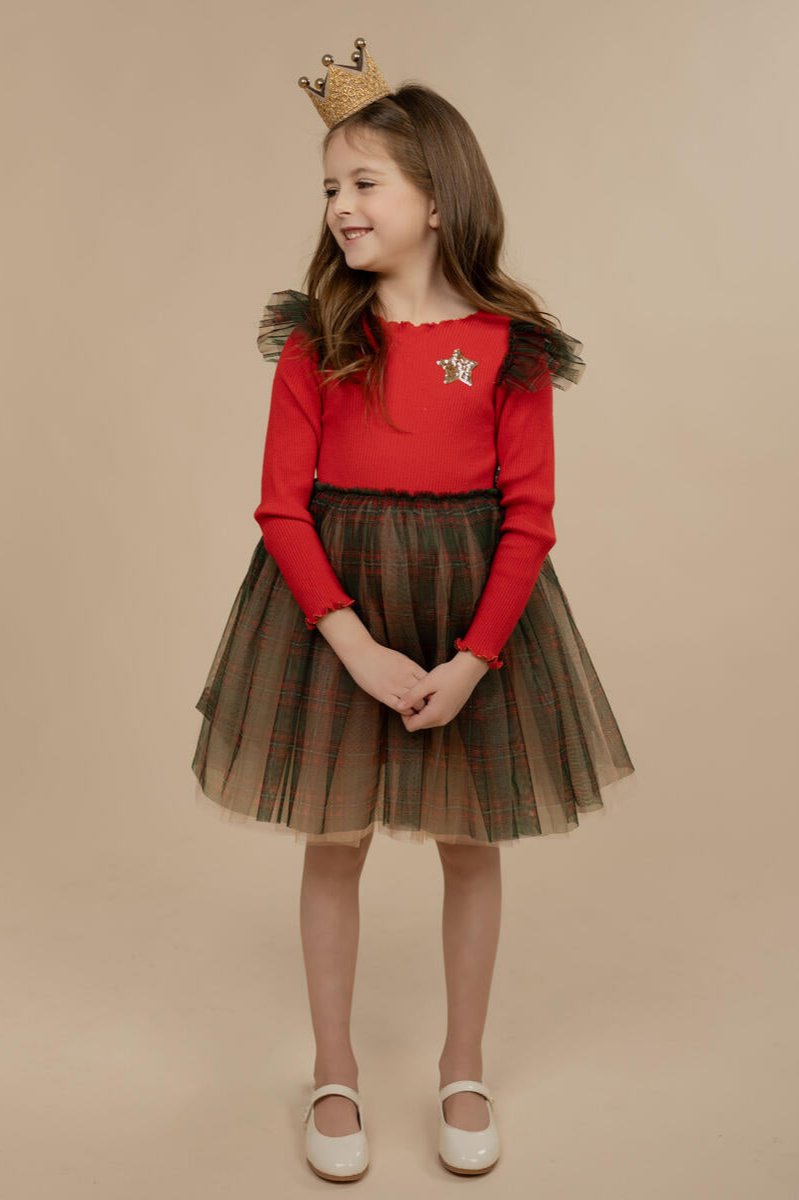 girls check tutu long sleeve dress
