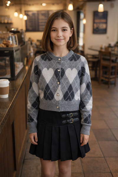 Girls Argyle Hearts Cardigan