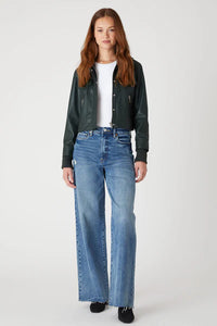 rib inset faux leather bomber jacket