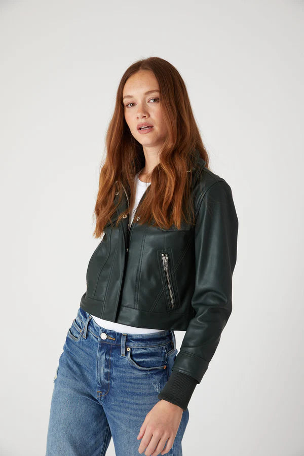 rib inset faux leather bomber jacket