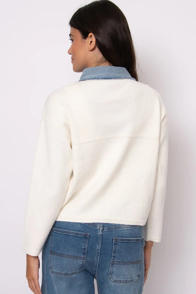 denim combo collar cardigan