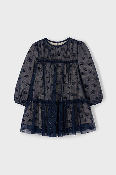 girls print tulle long sleeve dress