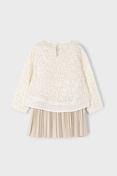 girls sequin sweater + pleat dress
