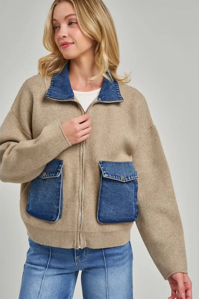 Denim Pocket Zip Knit Jacket