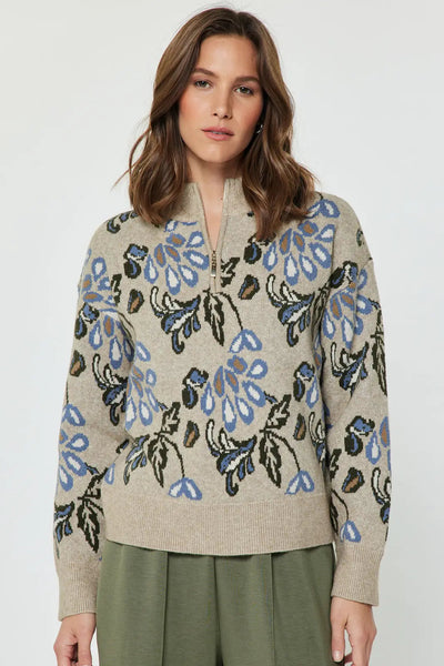 1/2 zip floral jacquard sweater