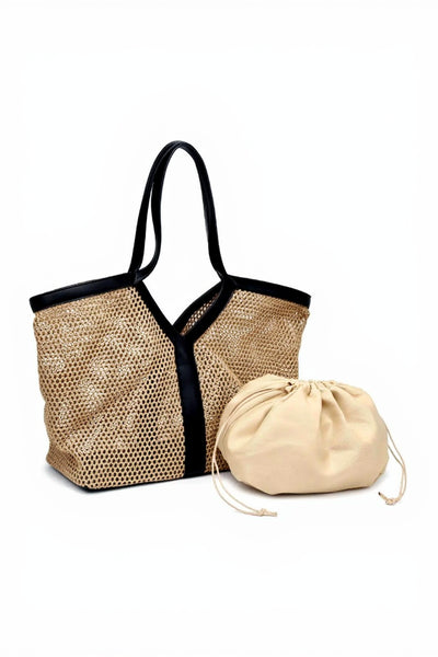 mesh + vegan leather tote + pouch