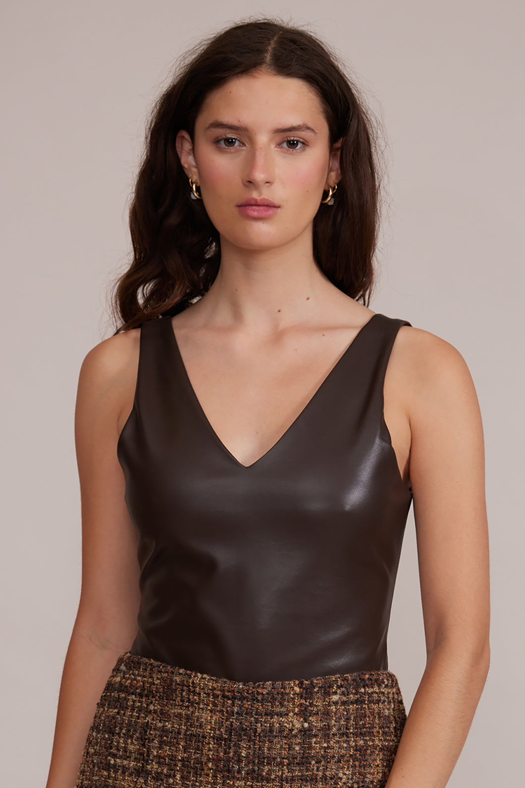 faux leather v neck bodysuit