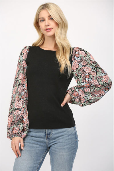 floral contrast sleeve sweater