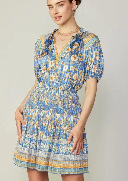 short sleeve tie neck border print dress