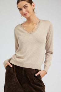 lace trim v neck sweater