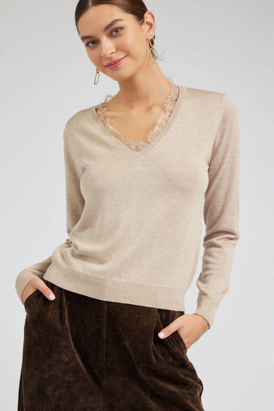 lace trim v neck sweater