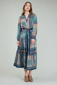 print split neck dress + sash