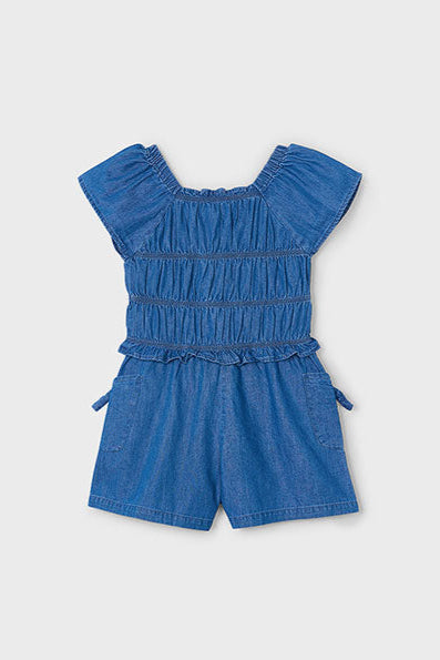 girls smocked denim romper