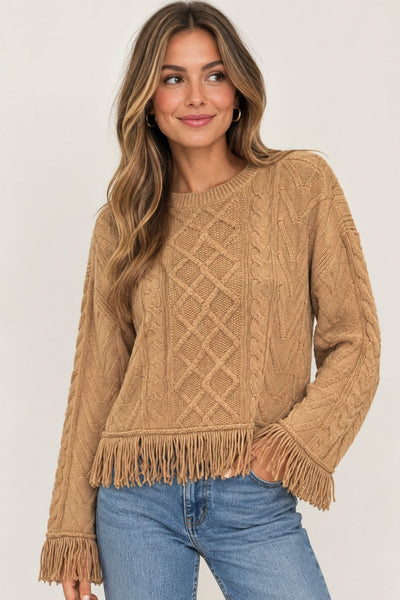 Cable Fringe Crew Sweater
