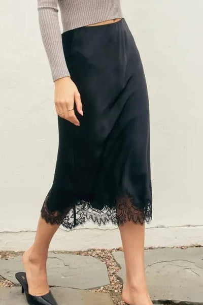 satin lace trim midi skirt