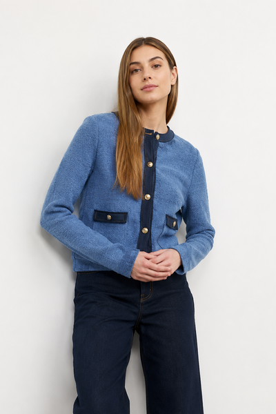 denim trim button cardigan