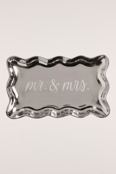 mr + mrs etched metal tray