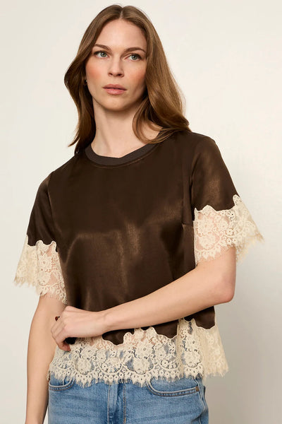 Lace Trim Satin Short Sleeve Top