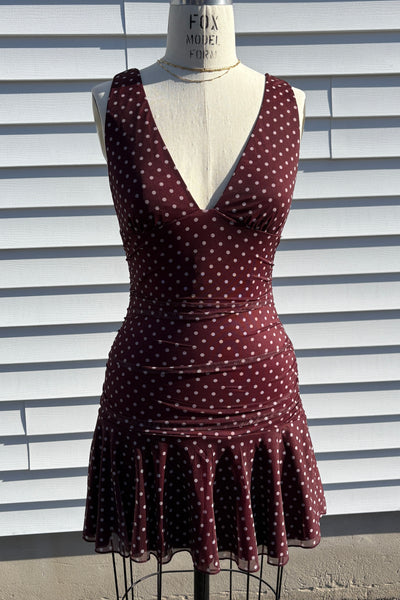 dot v neck ruched dress