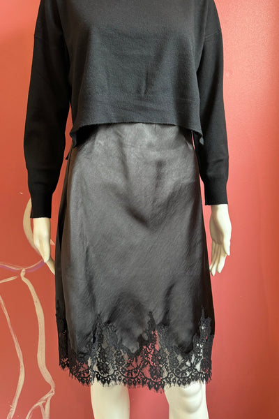 satin lace trim midi skirt