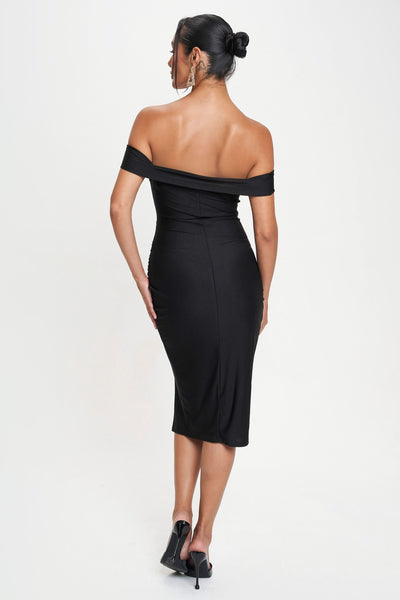 off shoulder ruched midi dress