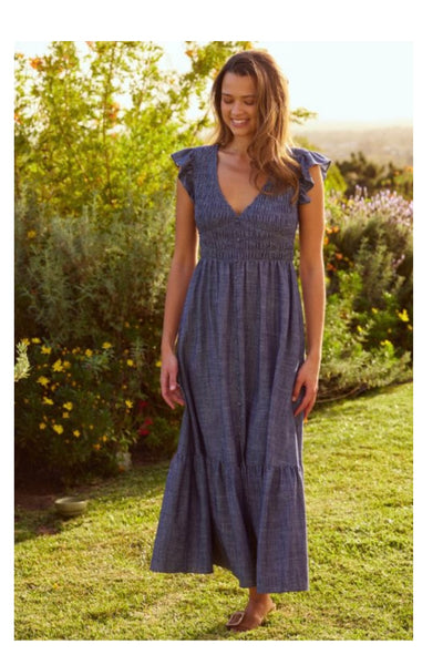 linen smocked bodice tiered dress