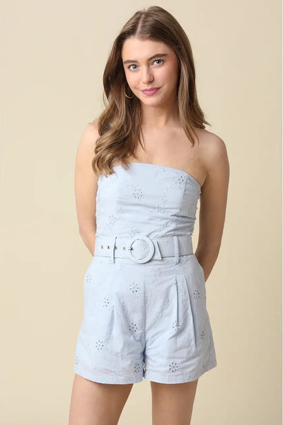 eyelet strapless belted romper
