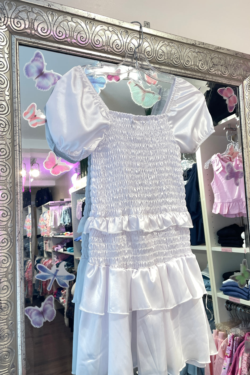 short sleeve satin smocked dress