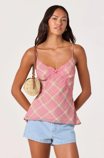 plaid lace trim top