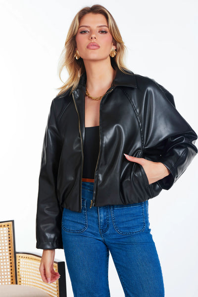 faux leather bubble hem bomber