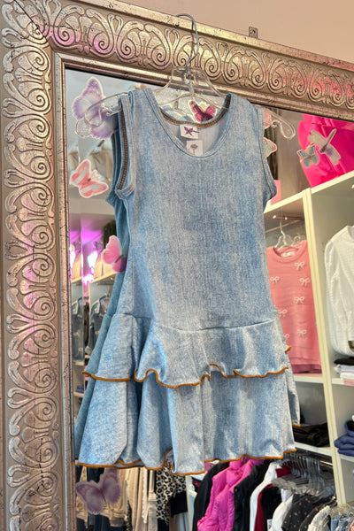 girls denim print ruffle tank dress