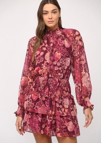 chiffon floral lurex smocked waist dress