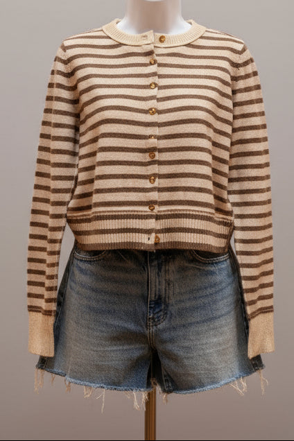 stripe button crew cardigan