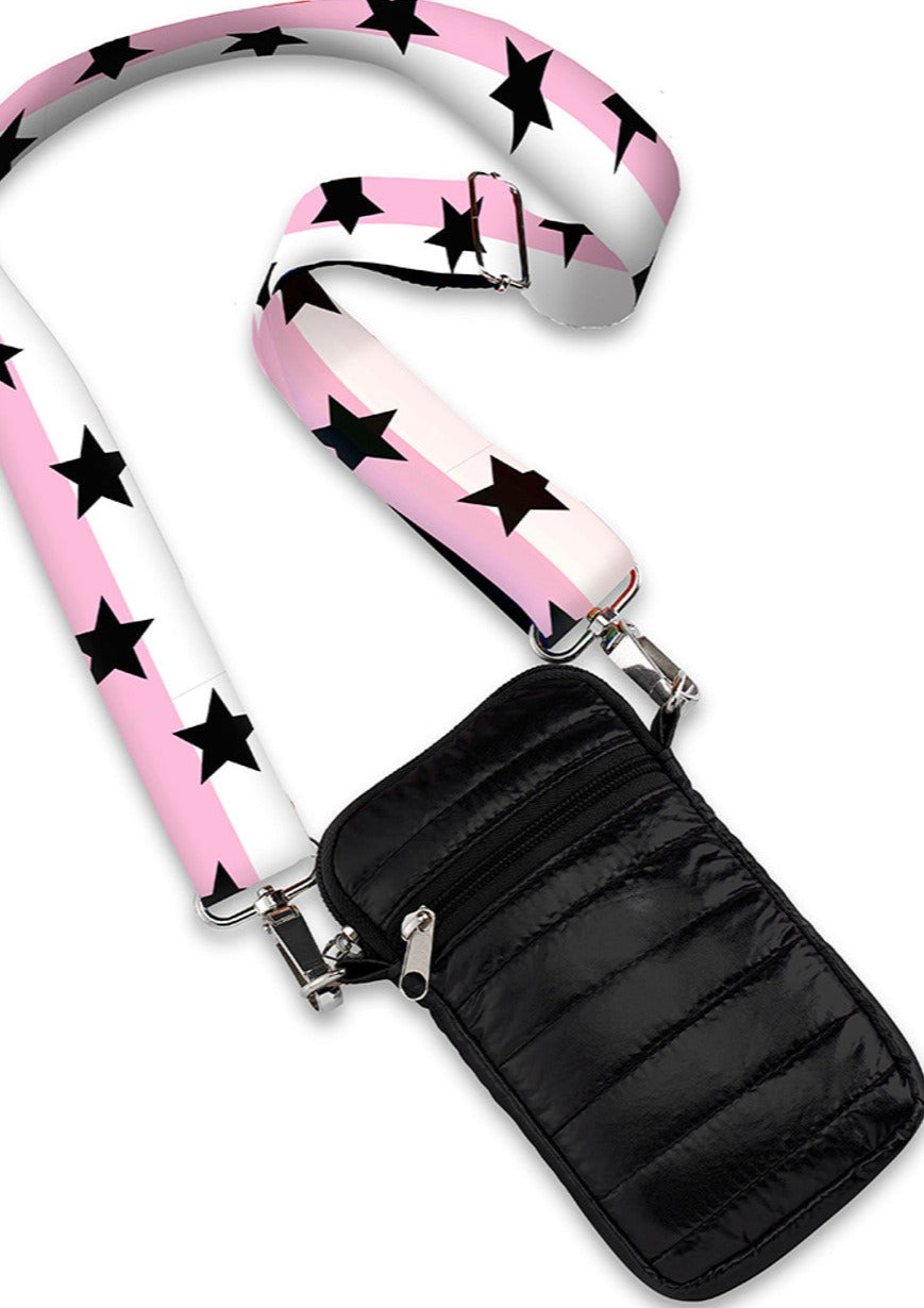 girls puffer cell bag pink stars strap
