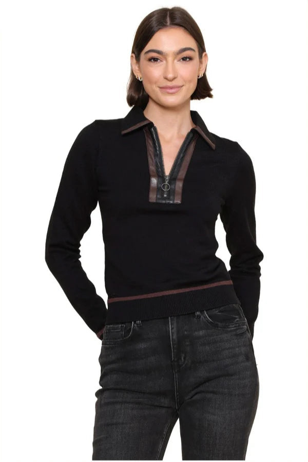 leather trim 1/2 zip sweater