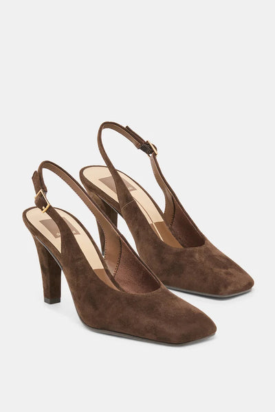 Square Toe Suede Sling Back Heel