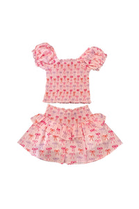 girls smock top + skirt set bows