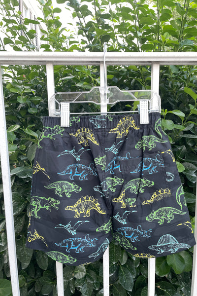 boys neon dino board shorts