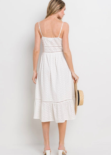 eyelet floral strap midi dress