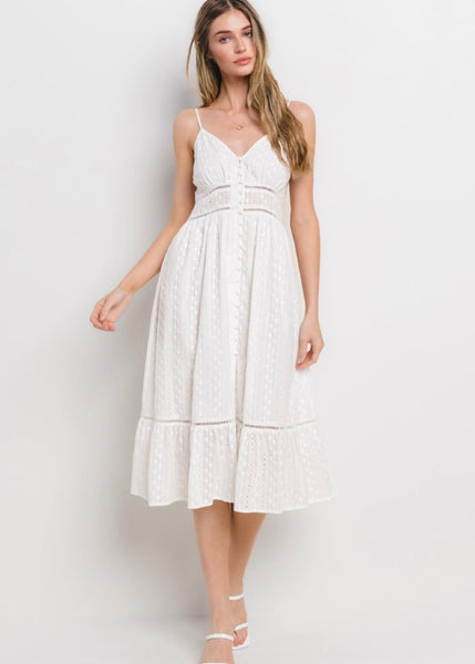 eyelet floral strap midi dress