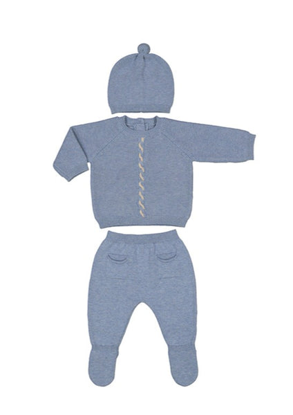 infant knit sweater, pant + hat set