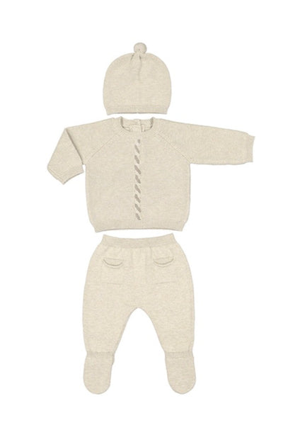 infant knit sweater, pant + hat set