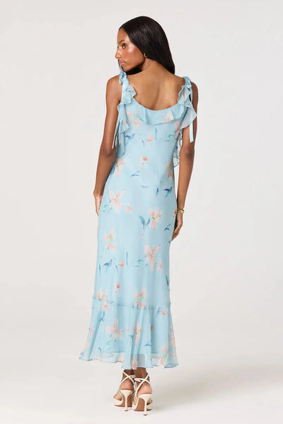 Cascade ruffle floral dress-blue