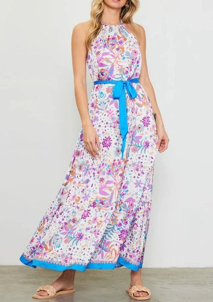 border print tie neck maxi dress