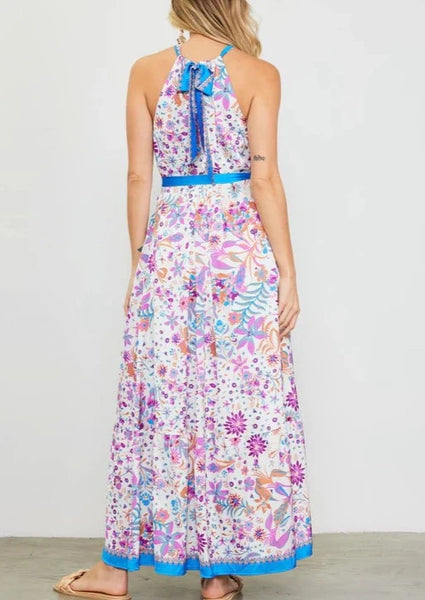 border print tie neck maxi dress