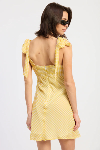 tie shoulder gingham mini dress
