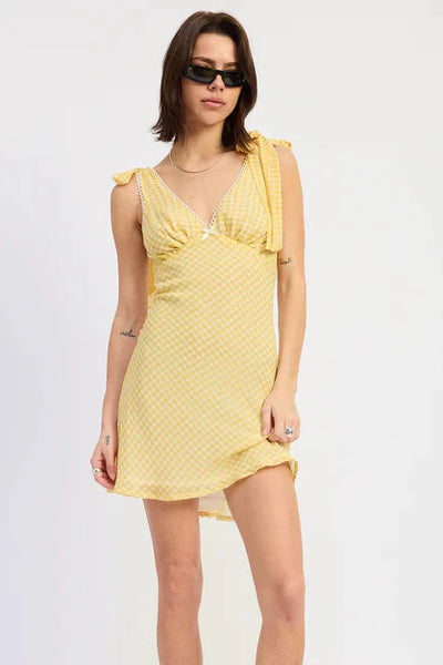 women tie shoulder gingham mini dress